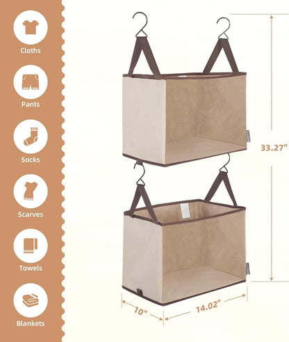 Storage Maniac 2-Shelf Hanging Closet Organizer - Canvas Shelf with Hooks for Dorms & Bedrooms | Beige