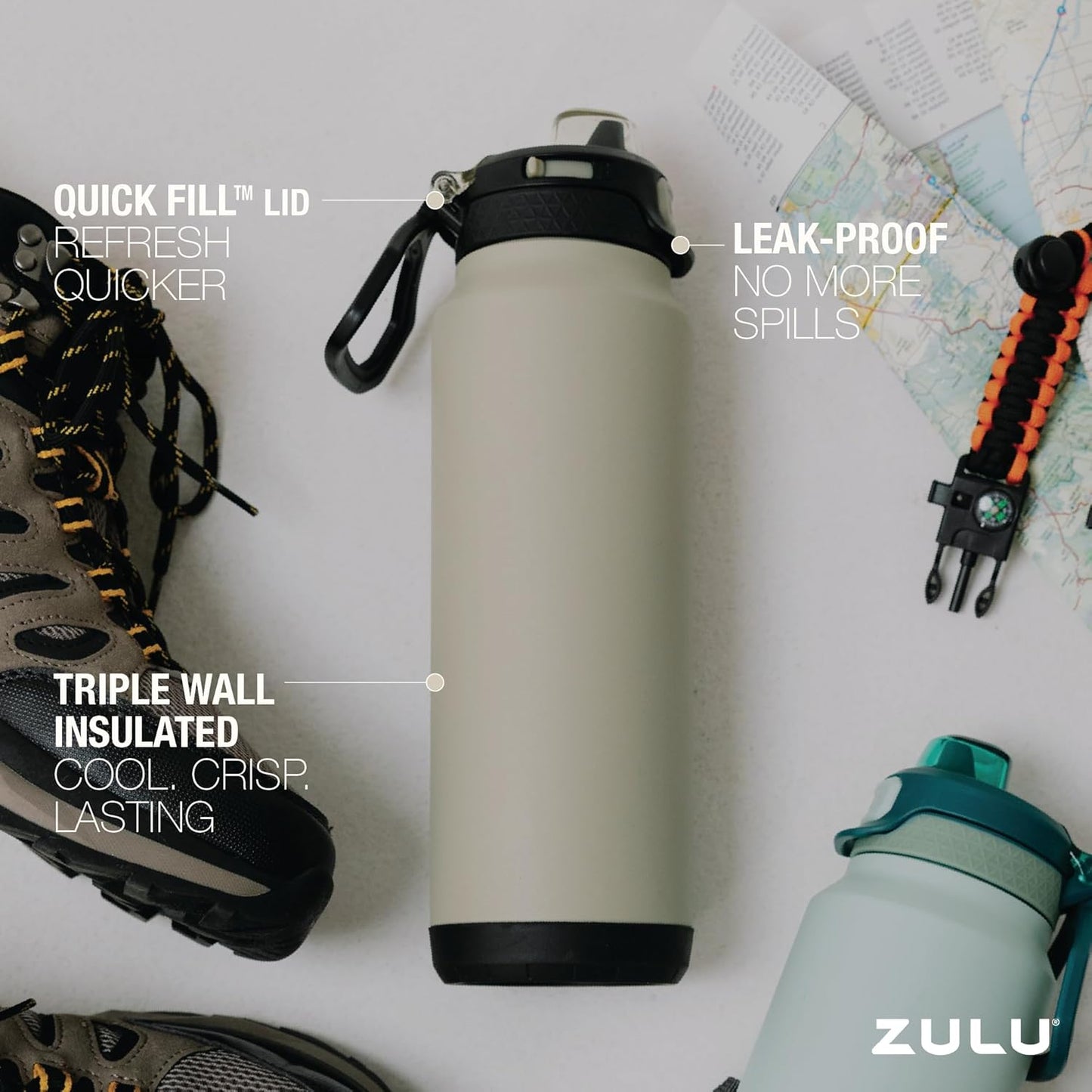 ZULU Powerfill Pro 32oz Stainless Steel Water Bottle - Quick Fill Lid, Triple Walled Insulation, Leak Proof, Ash