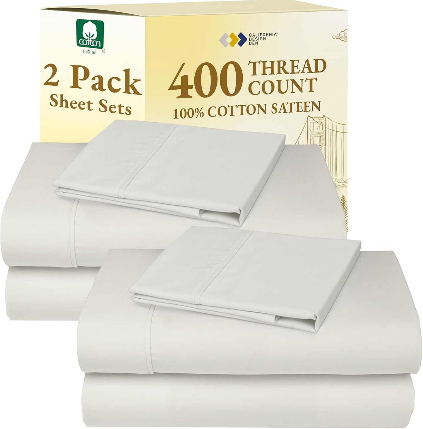 California Design Den Twin XL Sheet Set - 400 Thread Count Sateen Cotton | Soft & Breathable Ivory