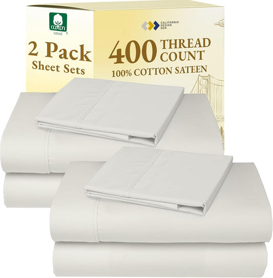 California Design Den Twin XL Sheet Set - 400 Thread Count Sateen Cotton | Soft & Breathable Ivory