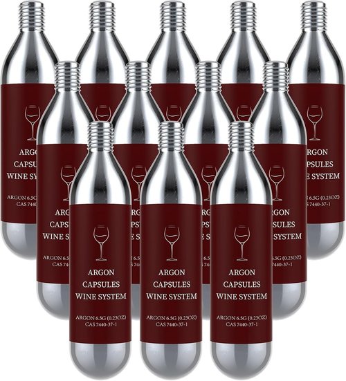 12 Pack Argon Gas Capsules Compatible with Wine Preservation Systems,Plastic, Cyclindrical Bottle Stopper for Wine Preservation,Silver