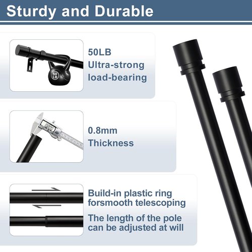 Byondeth Heavy Duty Curtain Rod - Adjustable 28 to 120 Inches | 1 Inch Diameter with Aluminum Finials - Black