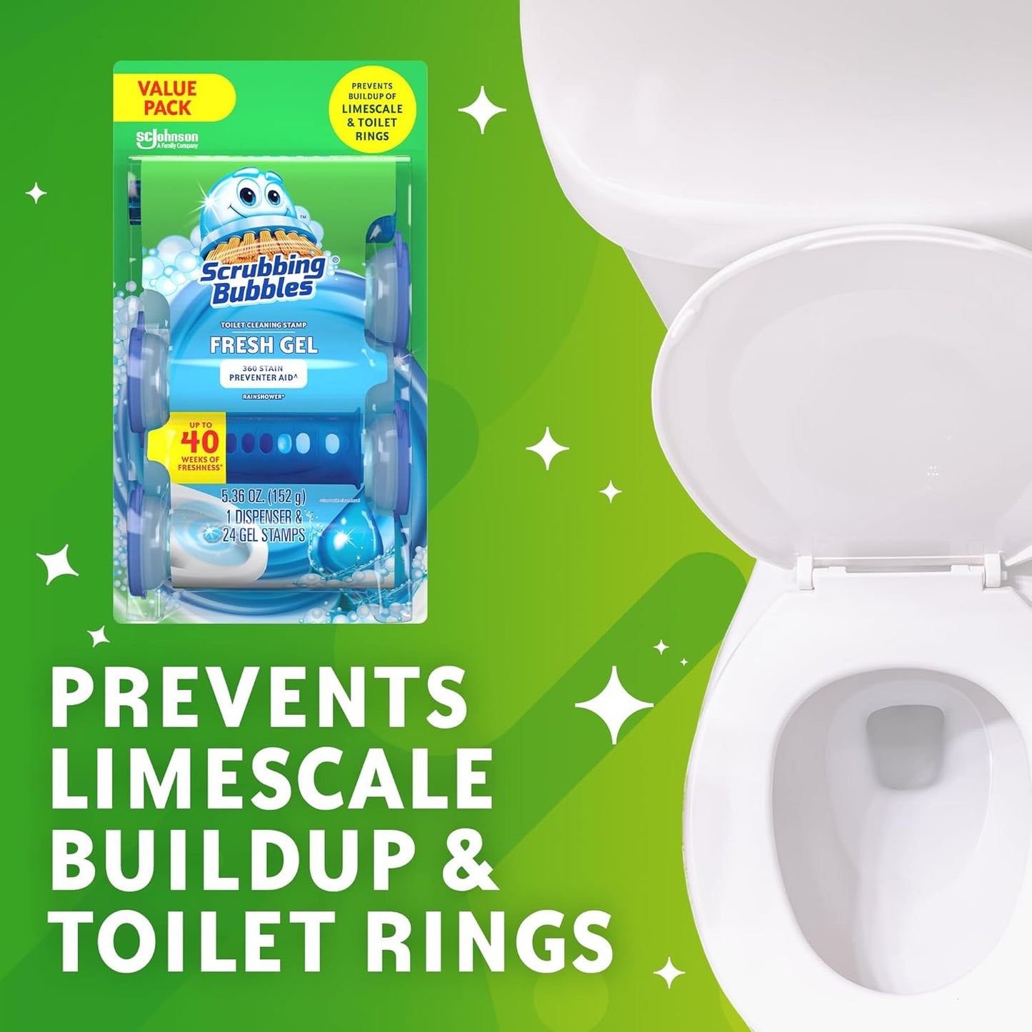 Scrubbing Bubbles Toilet Bowl Cleaning Gel Stamps - Prevents Limescale & Rings, Rainshower Scent, 24 Stamps