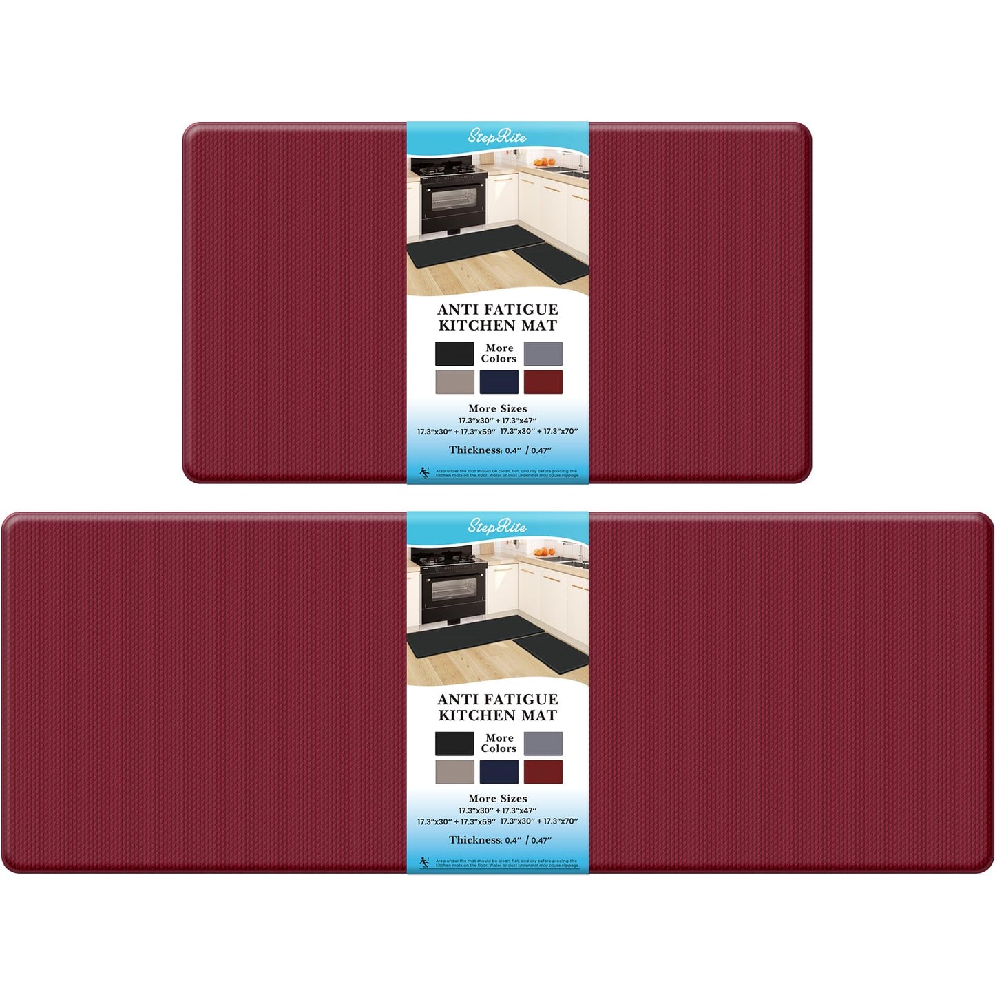 StepRite Kitchen Mats, 2PCS Kitchen Rugs, Cushioned Anti Fatigue Kitchen Mats for Floor, Non-Slip Standing Desk Mat, Waterproof Kitchen Rug Set for Kitchen, Floor, Office,17.3"×30"+17.3"×47", Red