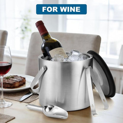Ice Bucket, 4L Double Wall Insulated Ice Bucket with Lid,Scoop,Tongs- Inner Layer 304 Stainless Steel Ice Container Keep Ice Frozen Longer- Ideal for Cocktail Bar,Parties,Chilling Beer Win