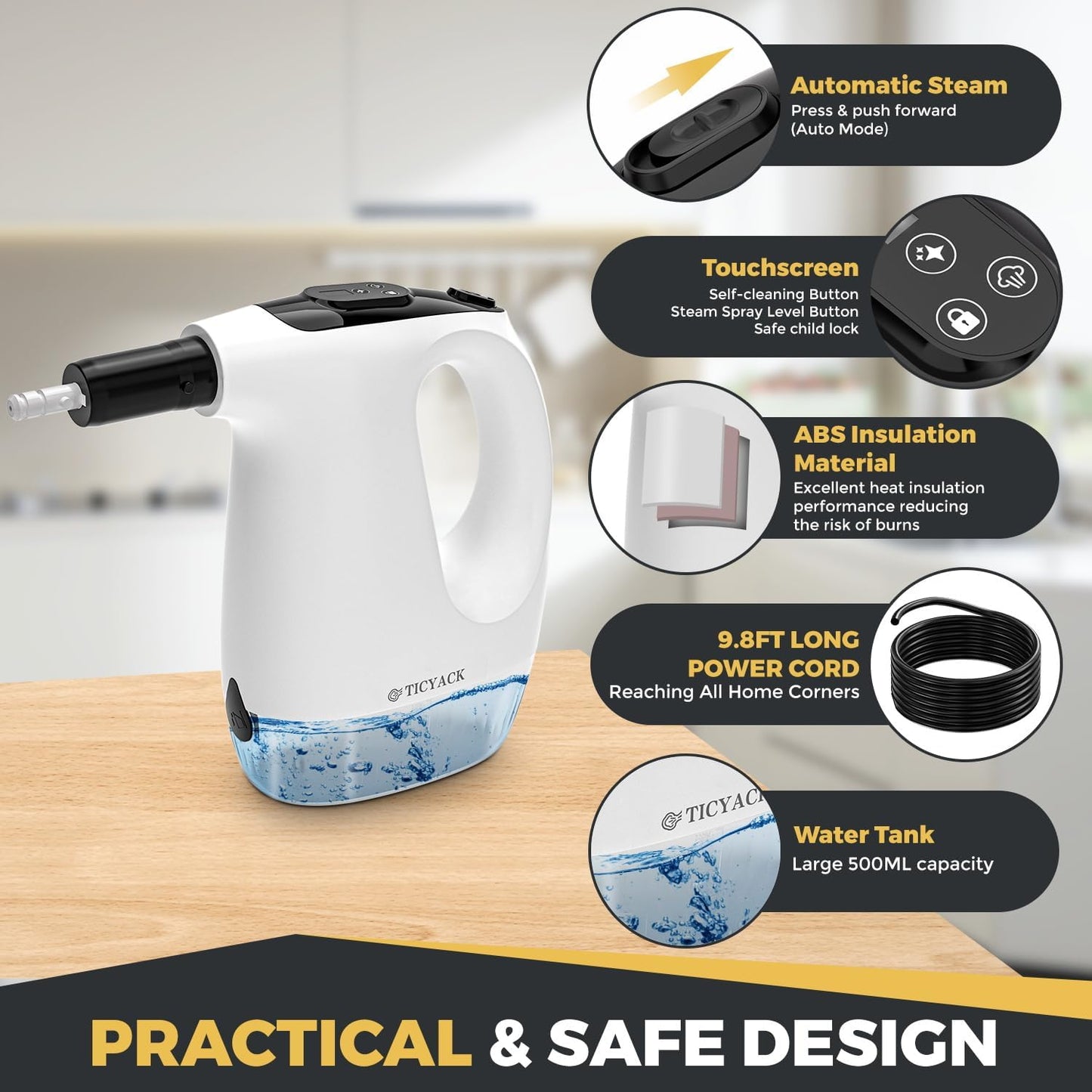 TICYACK Handheld Steam Cleaner, 15S Rapid Heating, 3 Adjustable Modes, 14 Cleaning Kits, Steam Cleaner for Home, Kitchen, Bathroom, Car(White)