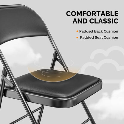 VINGLI Folding Chairs - 6 Pack with Padded Seats & Metal Frame, 350 lbs Capacity, Black