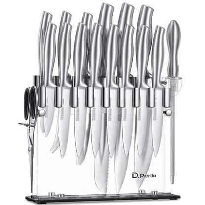 D.Perlla Knife Set, 17 Pieces Kitchen Knife Set with Clear Acrylic Knife Holder, Stainless Steel Super Sharp Chef Knife with Hollow Handle in One Piece Design