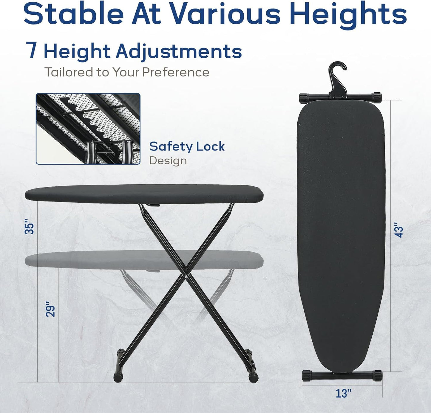 RAINHOL Ironing Board - Compact Full-Size Design with Iron Rest & Heat-Resistant Pad | 43x13 Inches, Black