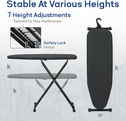 RAINHOL Ironing Board - Compact Full-Size Design with Iron Rest & Heat-Resistant Pad | 43x13 Inches, Black