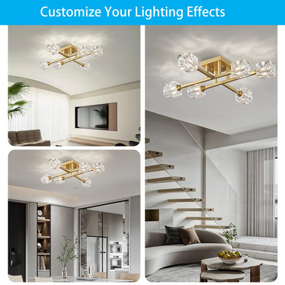 XINGQI Modern Ceiling Light 6 Lights Semi Flush Mount Ceiling Light Fixture, Gold Sputnik Chandeliers Mid Century Industry Lights for Bedroom Dining Room Farmhouse Kitchen