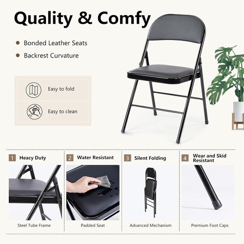 DUMOS Folding Chairs - 2 Pack Leather Padded Portable Stackable Seats for Home & Office - Black
