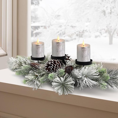 Handcrafted Christmas Centerpiece by [Brand Name] - Snowy Pine Cones & Candle Holders for Dining Table | 27.5 in