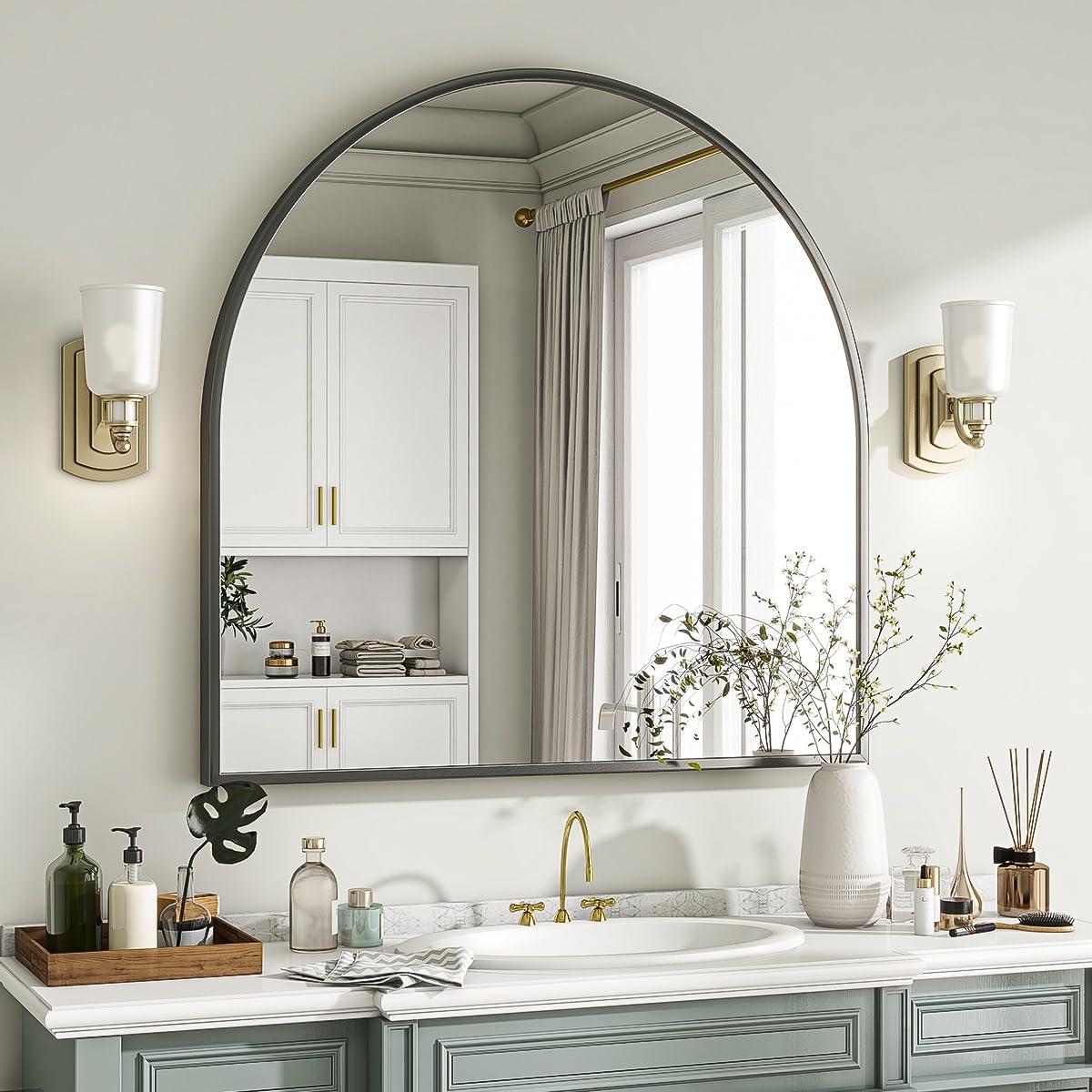 VooBang Wide Arched Wall Mirror - 31 x 32 Inch Modern Bathroom Vanity Mirror in Black | Stylish Metal Frame