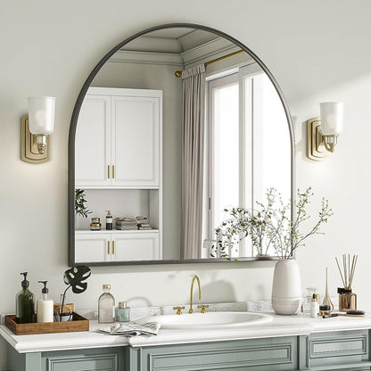 VooBang Wide Arched Wall Mirror - 31 x 32 Inch Modern Bathroom Vanity Mirror in Black | Stylish Metal Frame