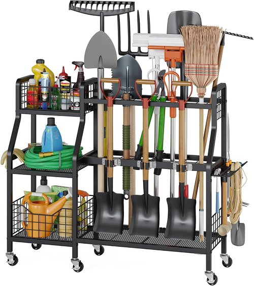 Keomaisyto Garden Tool Organizer - Heavy Duty Metal Storage with 6 Wheels & 2 Baskets | Ideal for Garage, Shed & Yard