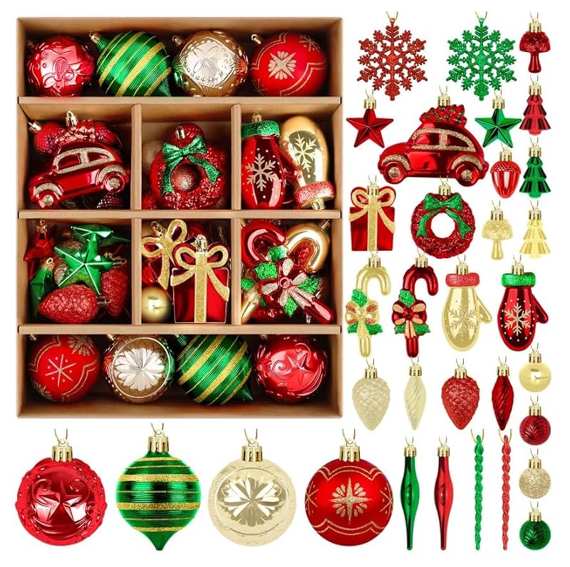 82PCS Christmas Ornaments Set - Green, Red & Gold Holiday Decorations with Variation Red & Gold & Green
