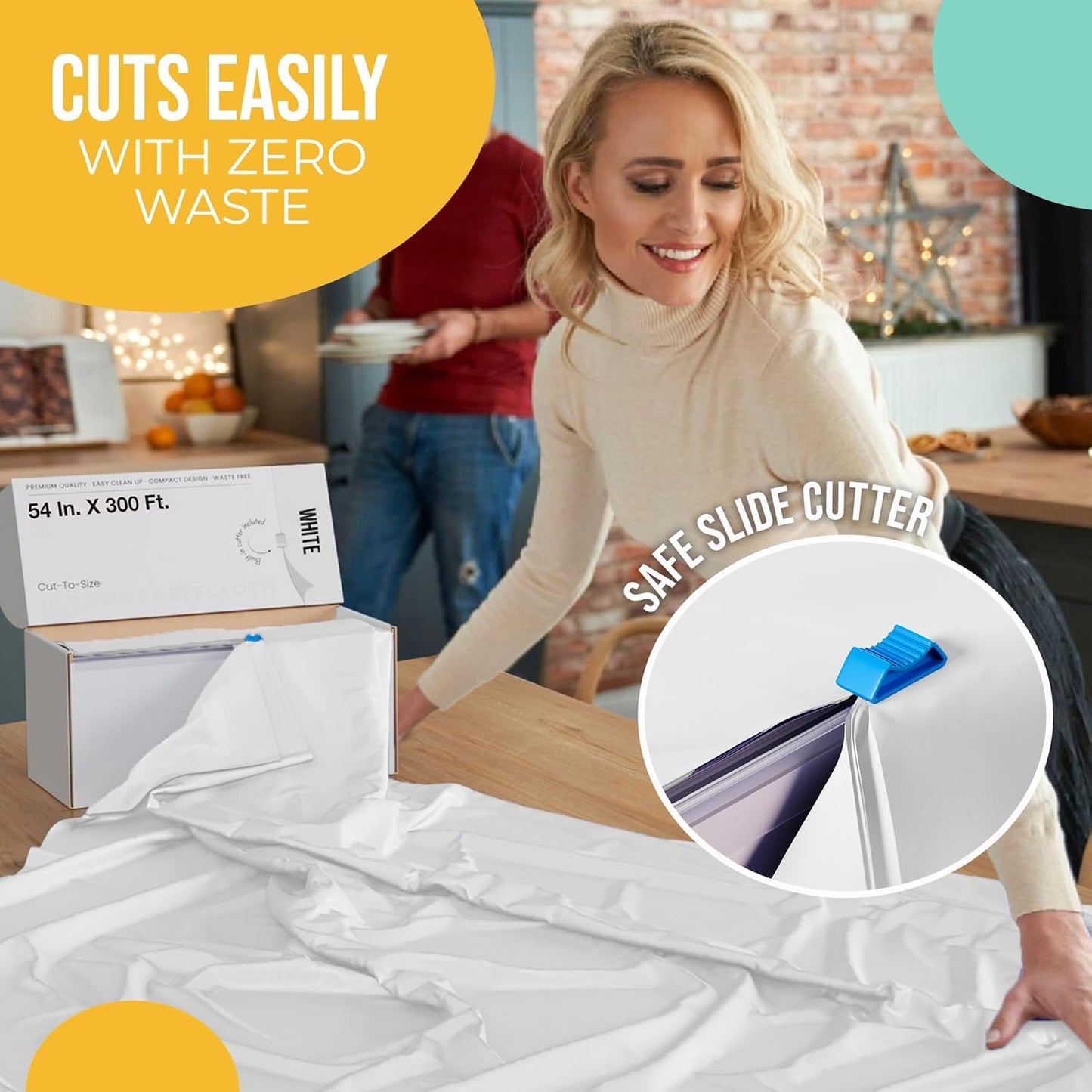 Party Solids White Plastic Table Cover Roll - 54 Inch x 300 Feet with Slide Cutter for Easy Use