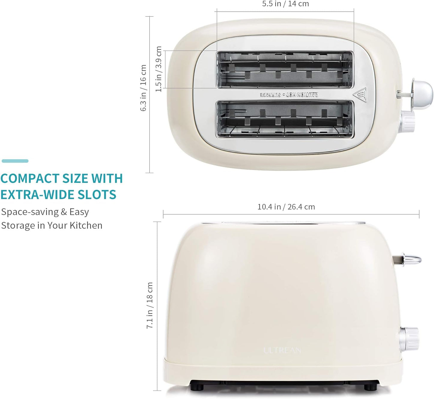 Ultrean 2-Slice Toaster - Extra-Wide Slot for Bagels & Waffles | Stainless Steel with 6 Browning Settings