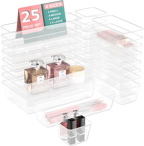 25 PCS Plastic Drawer Organizer Set - Clear Non-Slip Storage Bins for Makeup, Jewelry & Office | Versatile 4-Size Trays