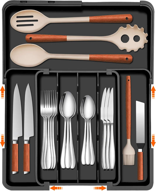 Spaclear Silverware Organizer - Expandable Utensil Drawer Storage | Adjustable Black Flatware Holder