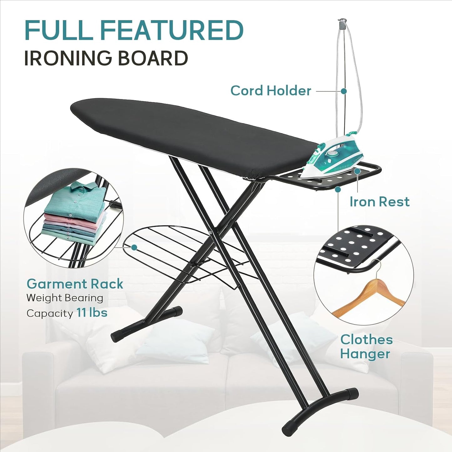 RAINHOL Large Heavy Duty Ironing Board - Adjustable Height with Storage Tray & Cover | 48x15 in, Black