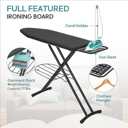 Ironing Board 48x15 in, RAINHOL Large Heavy Duty Ironing Boards Full Size with Pad and Cover, Height Adjustable Iron Stand with Storage Tray and Iron Rest, Black