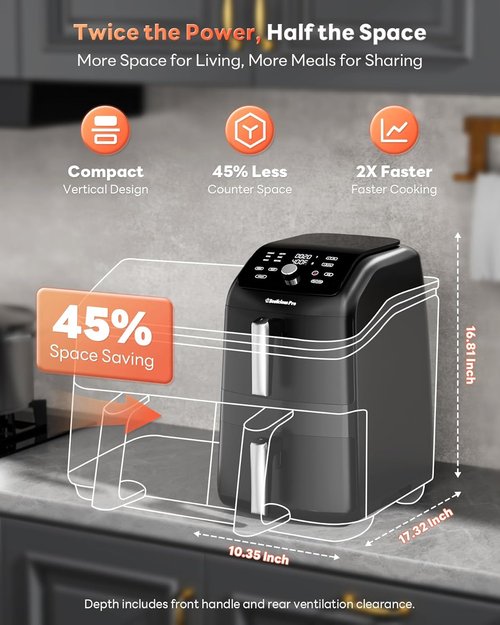 12QT Large Double Air Fryer by [Brand Name] - 10-in-1 Dual Airfryer with SyncHeat Tech, Compact Design, PFAS-Free, Black