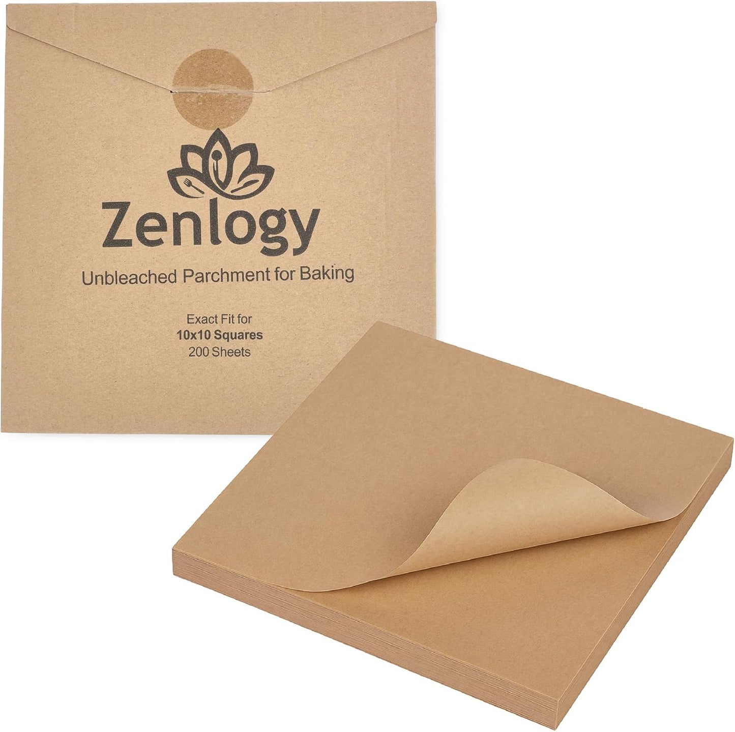 Zenlogy 10x10 Parchment Paper Squares - Unbleached, Non-Stick, High Heat | 200 Pre-Cut Sheets for Baking & Roasting