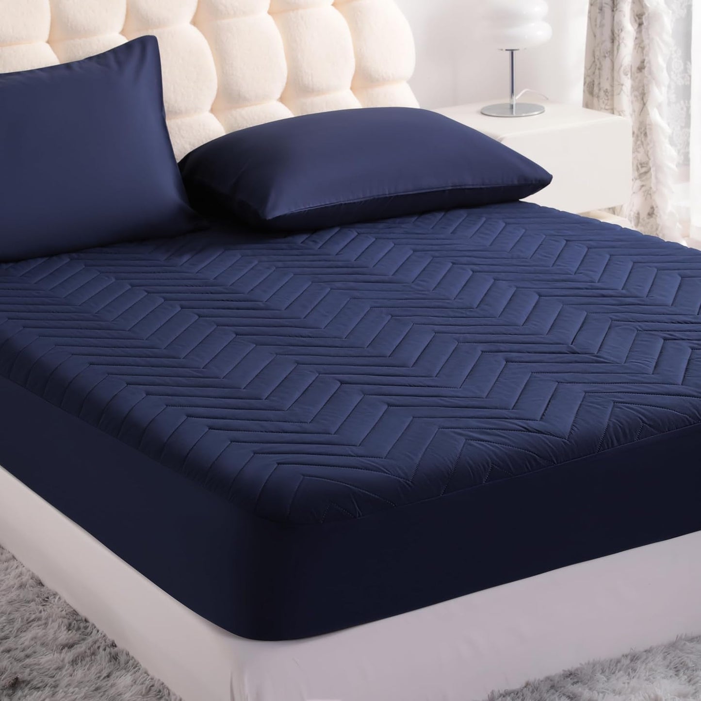 NTBAY Waterproof Mattress Protector - Quilted Twin Fitted Cover with 15" Deep Pocket | Soft, Breathable, Machine Washable - Navy Blue