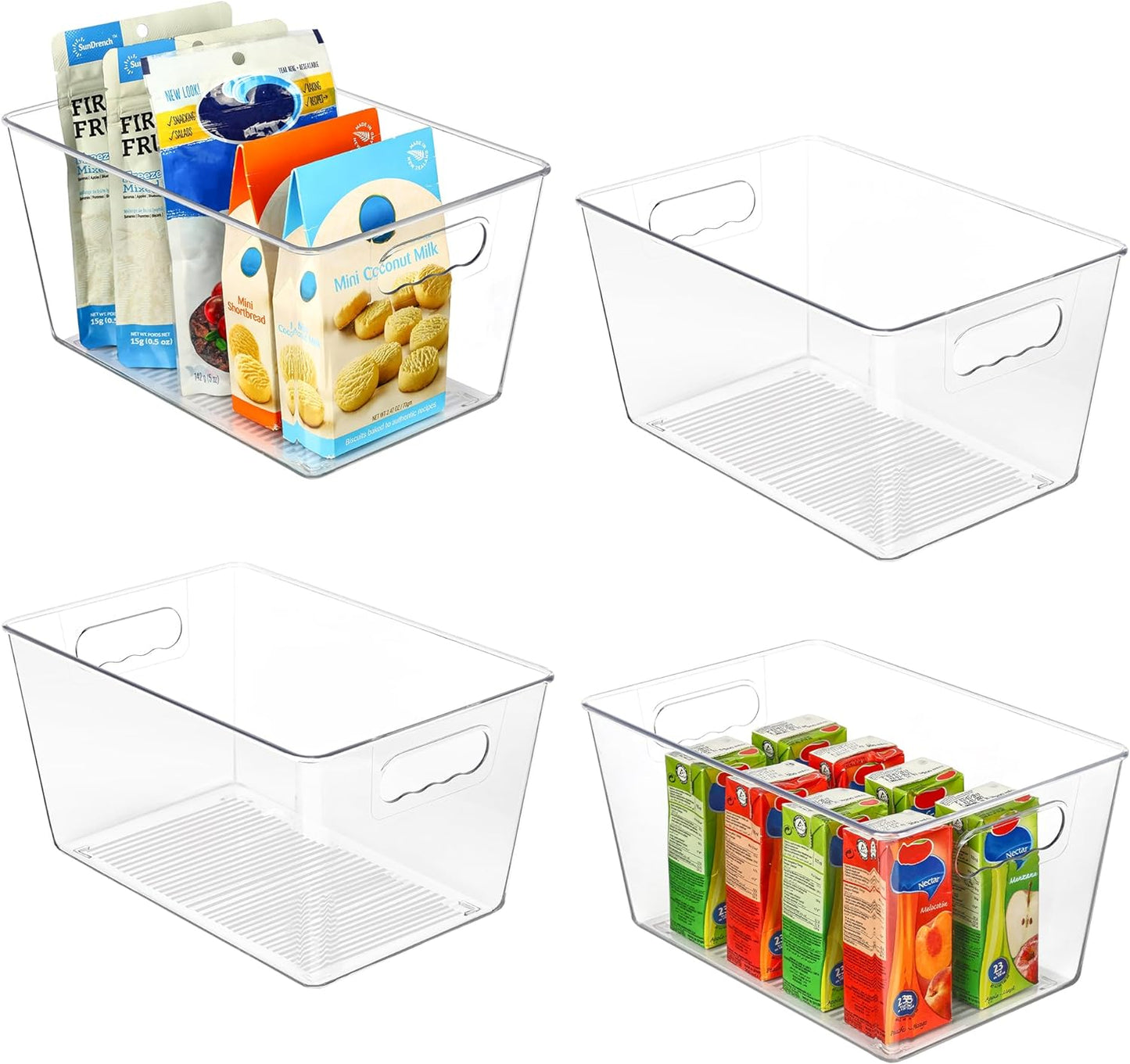 Vtopmart Clear Plastic Pantry Organizer Bins - 4 PCS Food Storage Bins with Handles for Kitchen & Fridge Organization