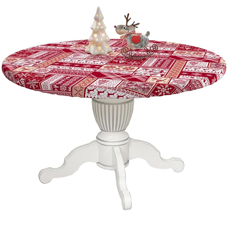 Elastic Round Tablecloth - 36-44 Inch Fit, 44"/54" Diameter, Water-Resistant Fitted Table Cover (Red Xmas Elements+44)