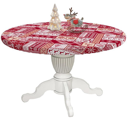 Elastic Round Tablecloth - 36-44 Inch Fit, 44"/54" Diameter, Water-Resistant Fitted Table Cover (Red Xmas Elements+44)