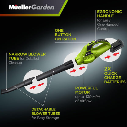 Mueller UltraStorm Cordless Electric Leaf Blower - 140 MPH Power, 2 Batteries & Charger, Lightweight Design