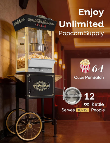 Skiennix Popcorn Machine - 12oz Retro Professional Maker with Warming Deck | 64-Cup Capacity for Home Theater & Parties - Black and Gold