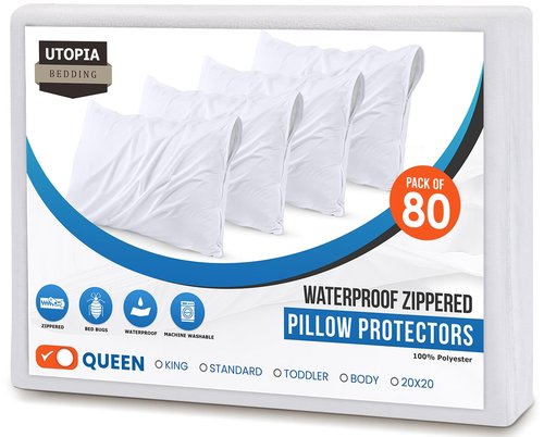 Utopia Bedding 80 Pack Waterproof Pillow Protectors with Zipper Queen Size (White), Bed Bug and Dust Mite Proof Pillow case Covers, Moisture Wicking Pillow Encasements 20 x 28 Inches
