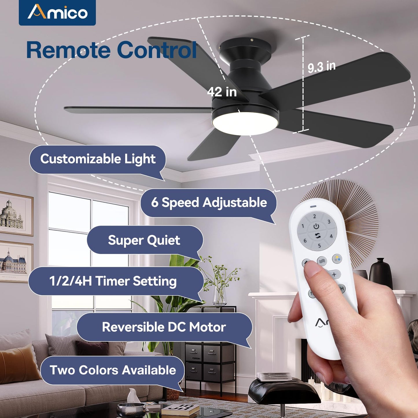 Amico Ceiling Fans with Lights, 42 Inch Low Profile Ceiling Fan with Light and Remote Control, Flush Mount, Reversible, 3CCT, Dimmable, Quiet, Black Small Ceiling Fan for Bedroom Outdoor/Indoor Use