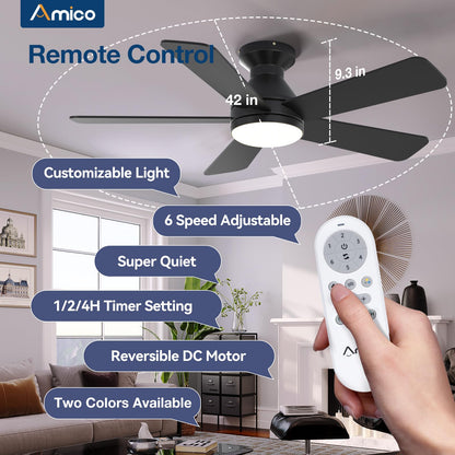 Amico Ceiling Fans with Lights, 42 Inch Low Profile Ceiling Fan with Light and Remote Control, Flush Mount, Reversible, 3CCT, Dimmable, Quiet, Black Small Ceiling Fan for Bedroom Outdoor/Indoor Use