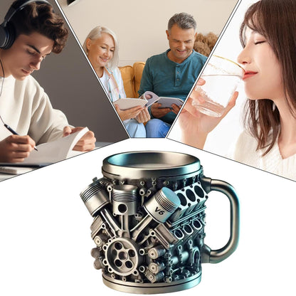 V6 V8 Engines Stainless Steel Cup, 2PCS V6 & V8 Engine Coffee Mug, Creative Car Engine Coffee Cup with Insulated Handle, 2025 Novelty Automobile Engine Coffee Mug, for Car Lovers Gift