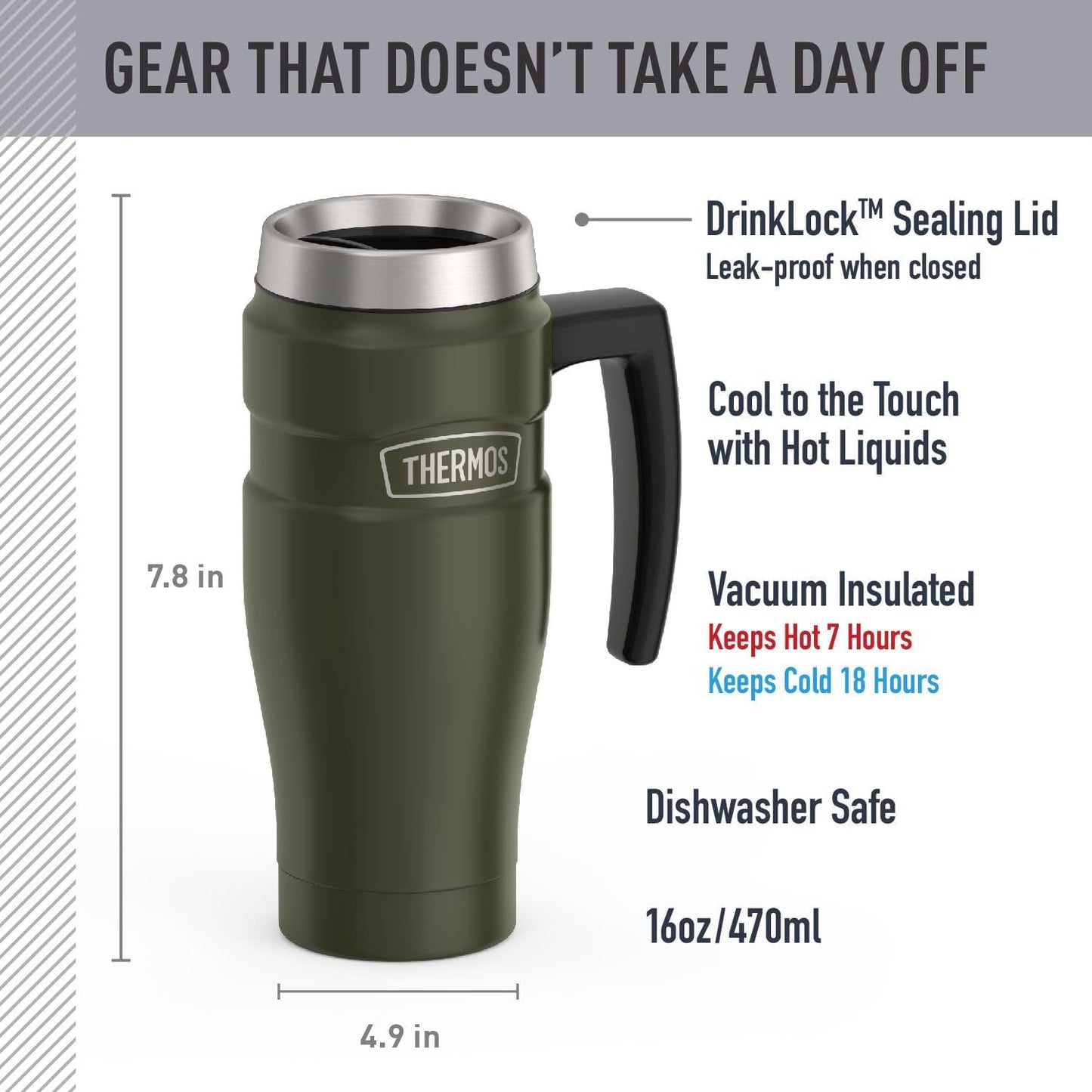 THERMOS Stainless King Travel Mug - 16oz Army Green | Vacuum-Insulated, Leak-Proof & Sweat-Proof Coffee Tumbler