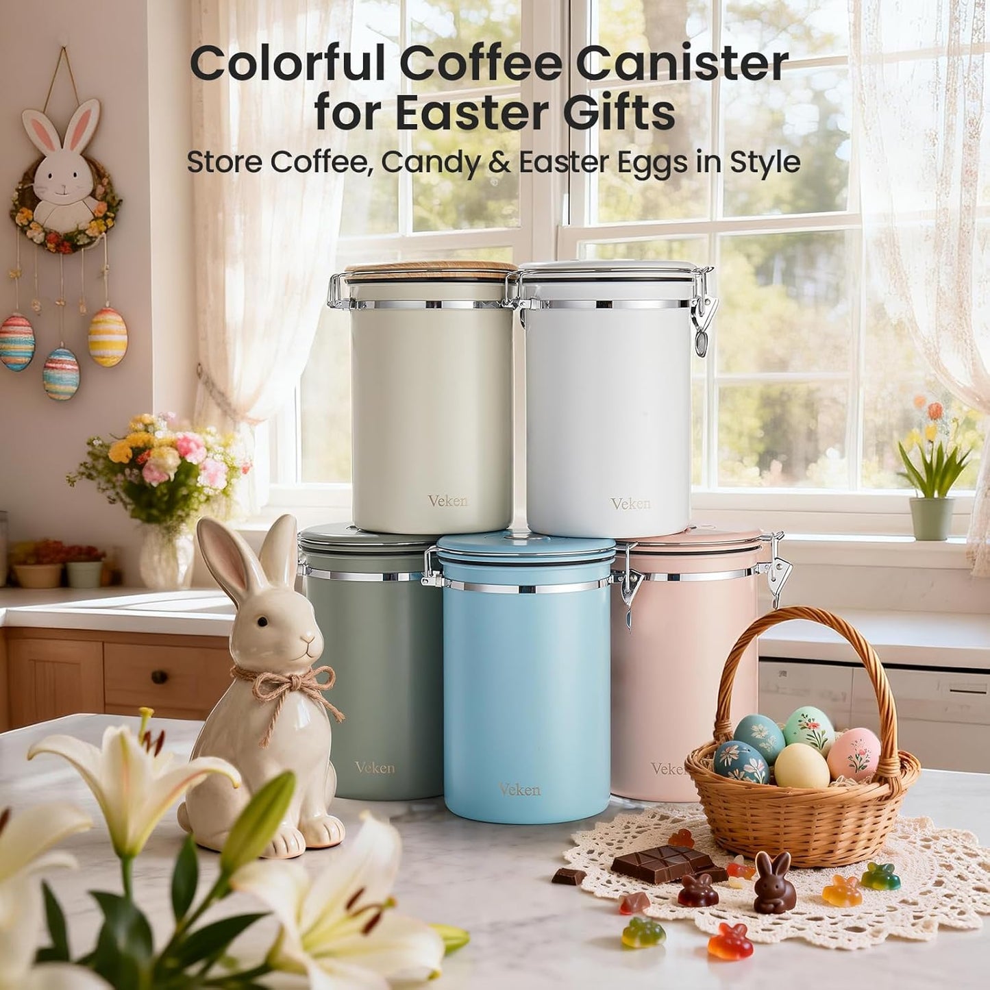 Veken Coffee Canister - 39oz Airtight Stainless Steel Food Storage Container with Date Tracker & Scoop | Cream