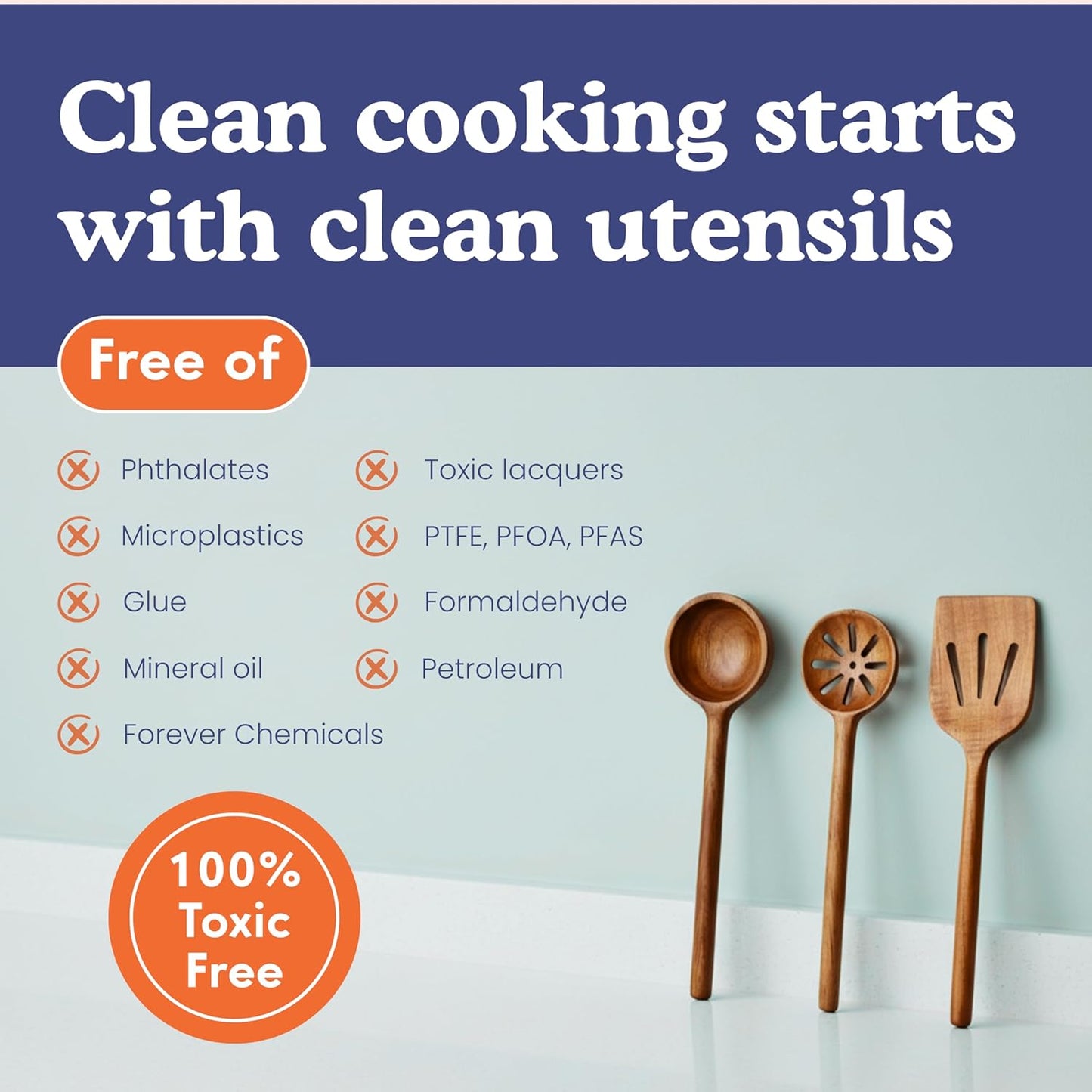 Non-Toxic Cooking Utensils - 6-Piece Wooden Utensil Set | Glue-Free, Natural Finish, Safe for Your Kitchen