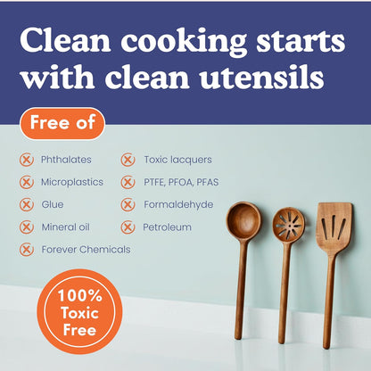 Non-Toxic Cooking Utensils - 6-Piece Wooden Utensil Set | Glue-Free, Natural Finish, Safe for Your Kitchen