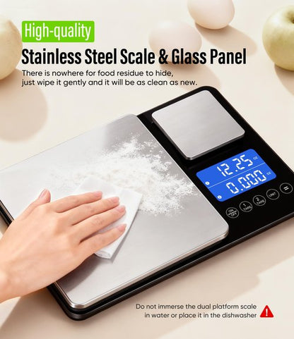 Digital Dual Platform Kitchen Scale, 33 lb Large & 1.1 lb Mini Food Scale with Dual-Line LCD Display, Stainless Steel, High Precision for Baking, Cooking, and Meal Prep