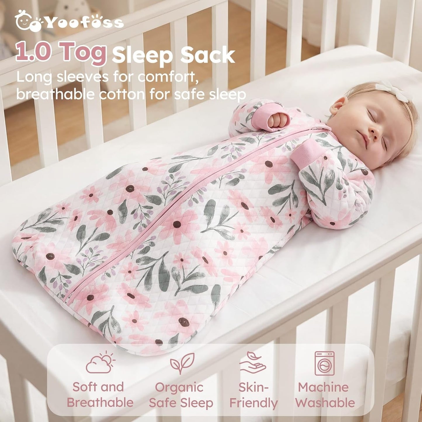 Yoofoss Baby Sleep Sack - Organic Cotton Wearable Blanket for Infants 6-12 Months | 1.0 Tog, Long Sleeve, 2-Way Zipper