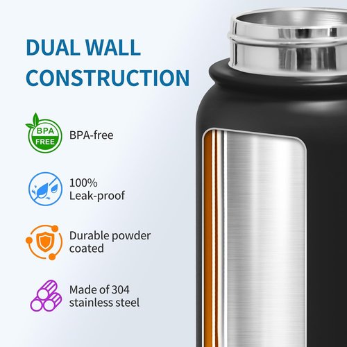 GOPPUS Insulated Water Bottle - 20oz Stainless Steel, BPA-Free, Leak-Proof Silicone Spout Lid | Black