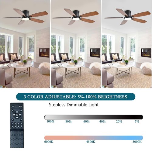 Ayaoty Ceiling Fans with Lights, 52 inch Low Profile Ceiling Fan with Light and Remote Control, Flush Mount, LED Dimmable DC Reversible Modern Ceiling Fan for Bedroom