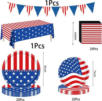 American Flag Party Supplies - Patriotic Paper Plates & Napkins Set for 25 Guests | 4th of July Decor