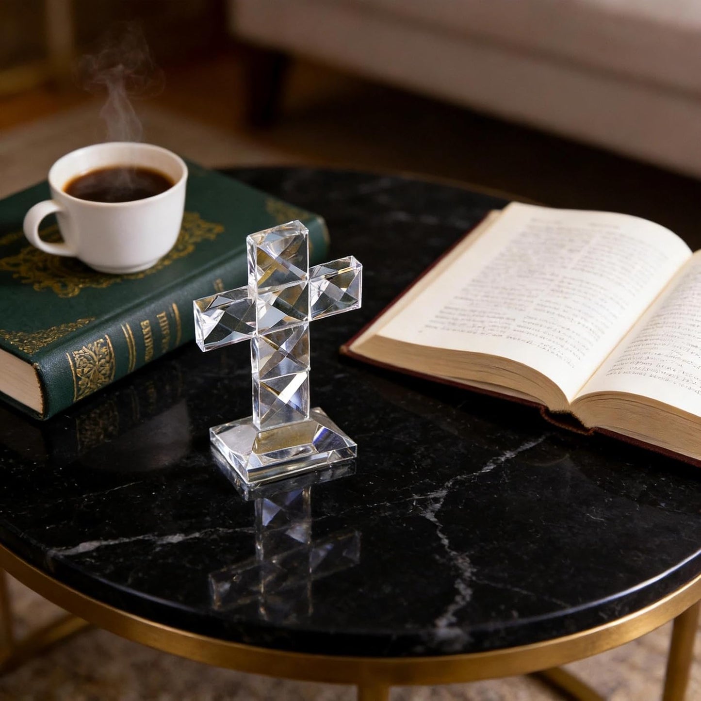 QFkris Crystal Standing Cross - 5'' Tall Clear Glass Tabletop Figurine | Christian Decor Gift