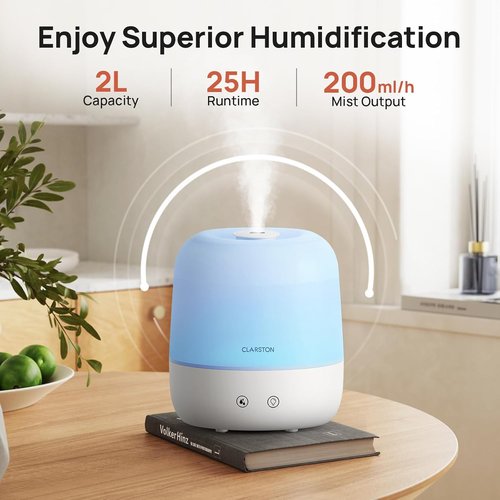 Clarston 2L Cool Mist Humidifier - 360° Adjustable Nozzle, Ultra-Low Noise, BPA-Free, Ideal for Bedrooms